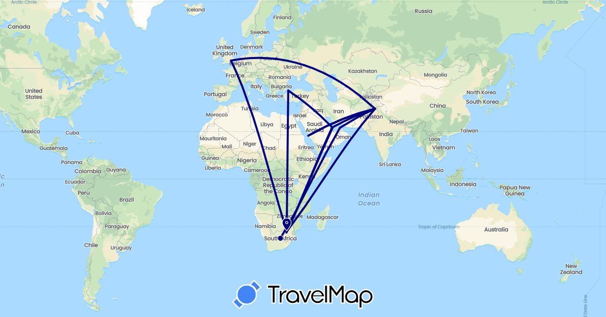 TravelMap itinerary: driving in United Arab Emirates, United Kingdom, Pakistan, Qatar, Saudi Arabia, Turkey, South Africa (Africa, Asia, Europe)